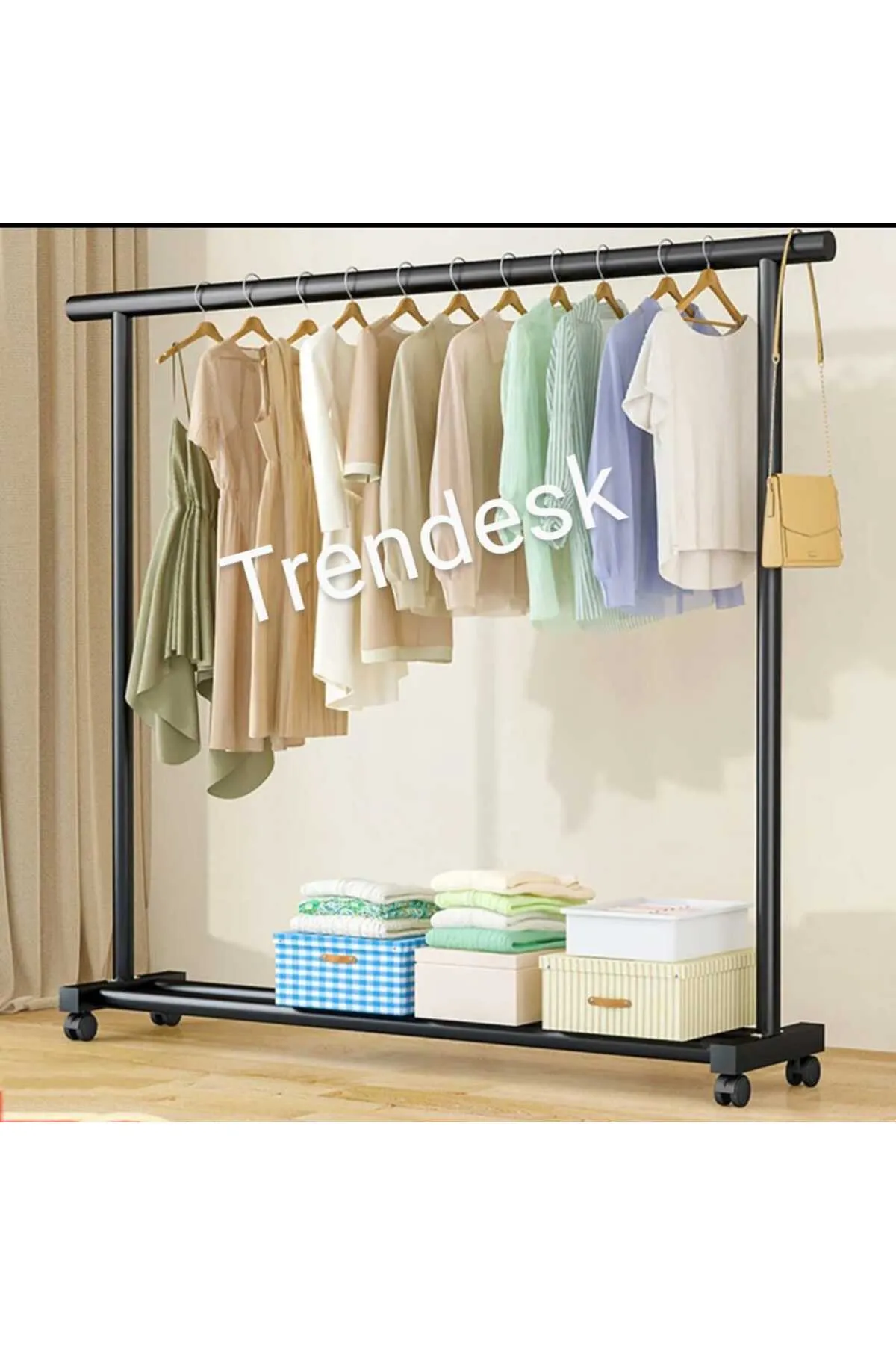TRENDESK Metal Siyah Düz Konfeksiyon Askısı Elbise Askılığı Tekerlekli 1039-CN