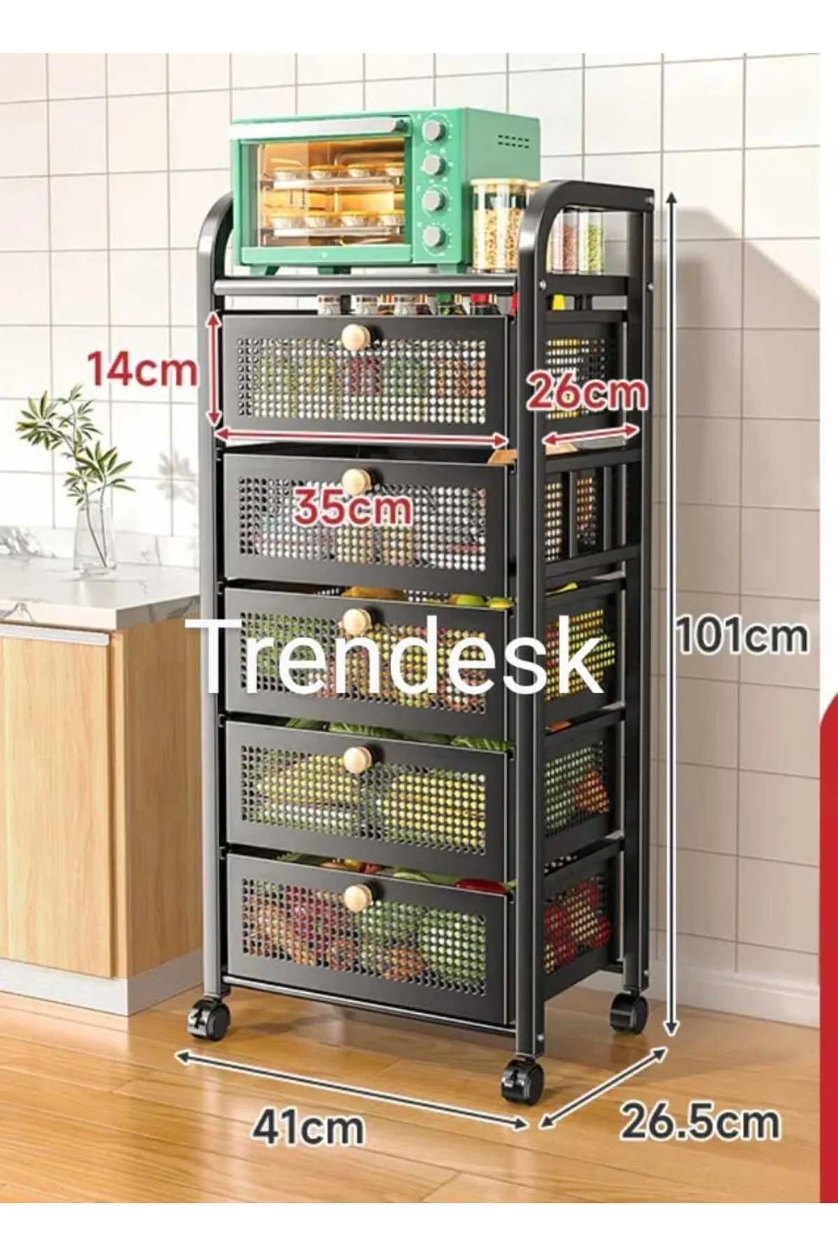 TRENDESK 5 Katlı Metal Siyah Çekmeceli Sebze Meyve Sepeti Mutfak Organizer Düzenleyici