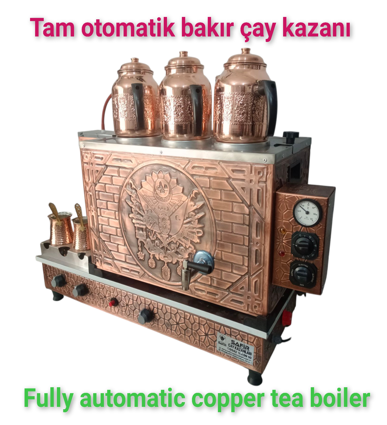 3 gözlü Bakır Tam Otomatik Çay Kazanı Elektrik + doğalgazlı Ce Belgeli ve  Gazmer açılış onaylı Tam Dijital çakmaklı Prizma Alt Tabanlı Tam otomatik çay kazanı. görsel 3