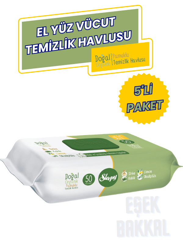 5'li Doğal Organik Pamuklu El Yüz Vücut Temizlik Havlusu Islak Mendil 5 Paket 5x50 Yaprak