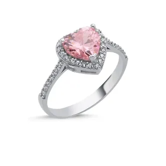 ZEY GÜMÜŞ Pembe Kalp & Zirkon Taşlı Tektaş Yüzük 925 Ayar GÜMÜŞ