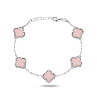 ZEY GÜMÜŞ UNISEX ÇOKLU YONCA  PEMBE SERAMİK TAŞLI 925 AYAR BİLEKLİK