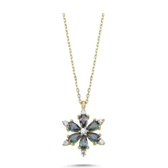 ZEY GÜMÜŞ Lotus Çiçeği Mistik Topaz Zirkon Taşlı Kolye 925 Ayar Gümüş