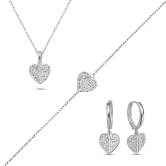 ZEY GÜMÜŞ Kalp Zirkon Taşlı Set Kolye, Bileklik, Küpe 925 Ayar Gümüş