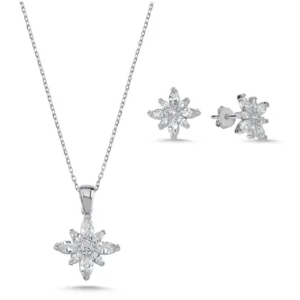 ZEY GÜMÜŞ Lotus Çiçeği Mekik Zirkon Taşlı Set Kolye,Küpe 925 Ayar Gümüş