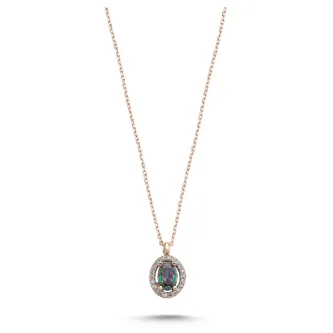 ZEY GÜMÜŞ Oval Mistik Topaz Zirkon Taşlı Halo Tektaş Kolye 925 Ayar Gümüş