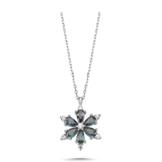 ZEY GÜMÜŞ Lotus Çiçeği Mistik Topaz Zirkon Taşlı Kolye 925 Ayar Gümüş