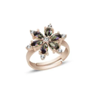 ZEY GÜMÜŞ Lotus Çiçeği Mistik Topaz Zirkon Taşlı Ayarlanabilir Boylu Yüzük 925 Ayar Gümüş
