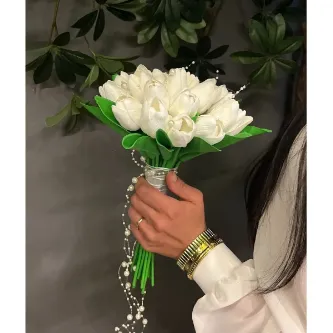 SavBrand Incili Islak Lale Gelin Çiçeği Gelin Buketi - Damat Yaka Çiçeği - Gelin Çiçeği -