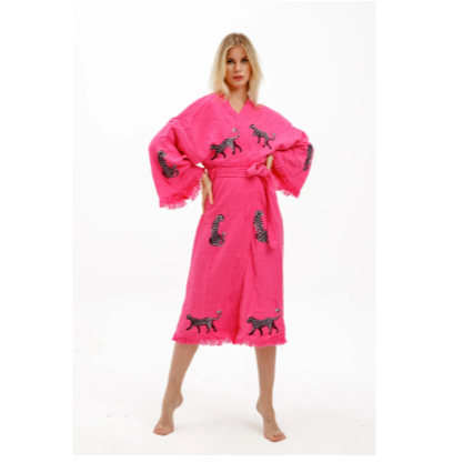 Befera Design Müslin Kimono %100 Pamuklu Leopar Baskılı Desenli Bornoz Kaftan Sabahlık