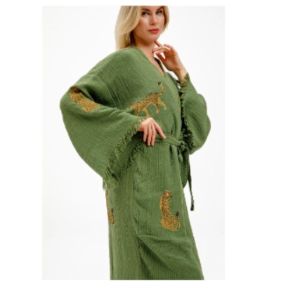 Befera Design Müslin Kimono %100 Pamuklu Leopar Baskılı Desenli Bornoz Kaftan Sabahlık
