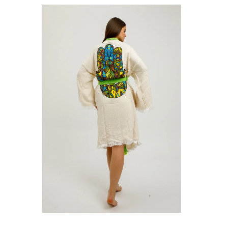 Befera Design Müslin Kimono %100 Pamuklu Fatma Ana Eli Baskılı Desenli Bornoz Kaftan Sabahlık