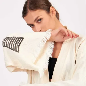 Befera Design Müslin Kimono %100 Pamuklu Piramit Desenli Bornoz Kaftan Sabahlık