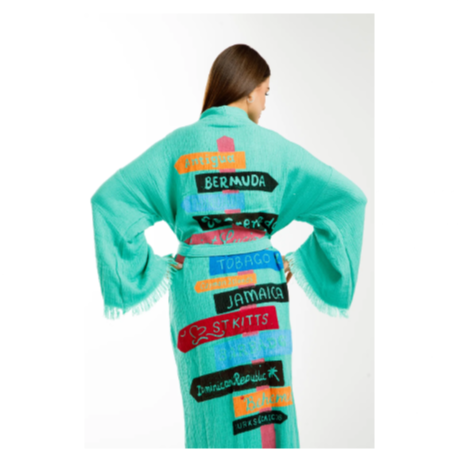 Befera Design Müslin Kimono %100 Pamuklu Karayip Adaları Baskılı Bornoz Kaftan Sabahlık