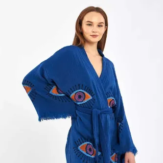 Befera Design Müslin Kimono %100 Pamuklu Göz Desenli Bornoz Kaftan Sabahlık