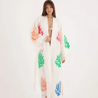 Befera Design Müslin Kimono %100 Pamuklu Mercan Desenli Bornoz Kaftan Sabahlık