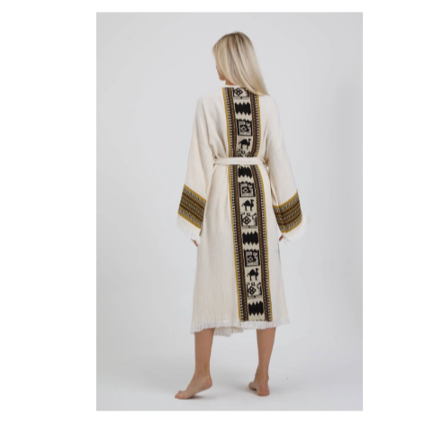 Befera Design Müslin Kimono %100 Pamuklu Camel Deve Desenli Bornoz Kaftan Sabahlık