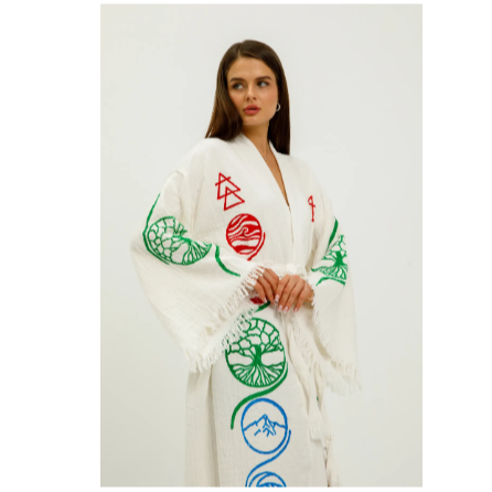 Befera Design Müslin Kimono %100 Pamuklu Hayat Ağacı Baskılı Desenli Bornoz Kaftan Sabahlık