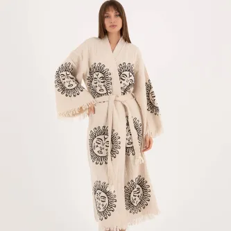 Befera Design Müslin Kimono %100 Pamuklu Güneş Baskılı Desenli Bornoz Kaftan Sabahlık