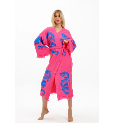 Befera Design Dragon Müslin Kimono %100 Pamuklu Ejderha Baskılı Desenli Bornoz Kaftan Sabahlık