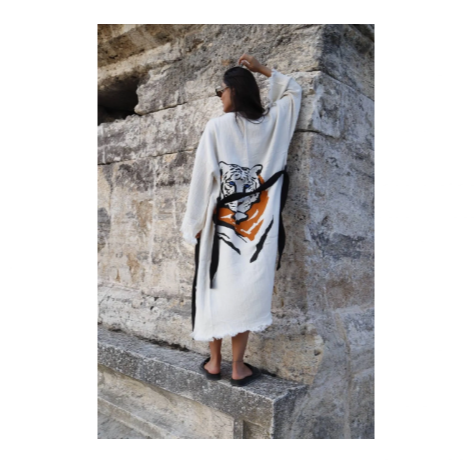 Befera Design Müslin Kimono %100 Pamuklu Kaplan Baskılı Desenli Bornoz Kaftan Sabahlık