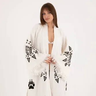 Befera Design Müslin Kimono %100 Pamuklu Leopar Baskılı Desenli Bornoz Kaftan Sabahlık