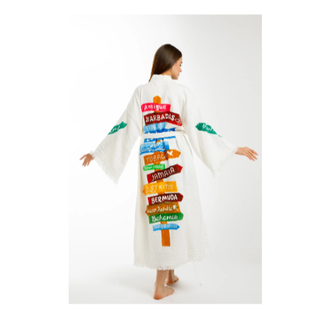 Befera Design Müslin Kimono %100 Pamuklu Karayip Adaları Baskılı Bornoz Kaftan Sabahlık