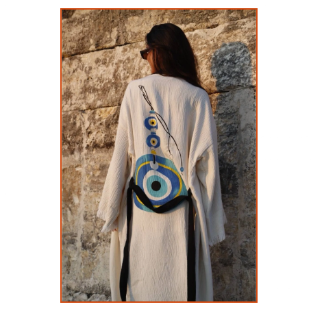 Befera Design Müslin Kimono %100 Pamuklu Nazar Boncuk Baskılı Desenli Bornoz Kaftan Sabahlık