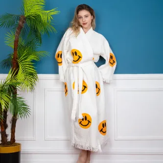Befera Design Müslin Kimono %100 Pamuklu Gülen Emoji Desenli Bornoz Kaftan Sabahlık