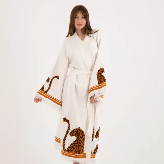 Befera Design Müslin Kimono %100 Pamuklu Leopar Baskılı Desenli Bornoz Kaftan Sabahlık