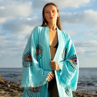 Befera Design Müslin Kimono %100 Pamuklu Göz Desenli Bornoz Kaftan Sabahlık