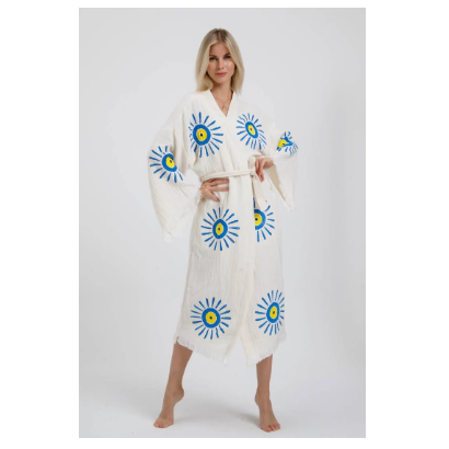 Befera Design Müslin Kimono %100 Pamuklu Nazar Boncuk Baskılı Desenli Bornoz Kaftan Sabahlık