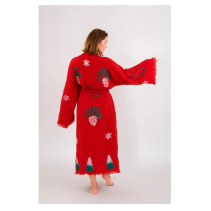 Befera Design Christmas Müslin Kimono %100 Pamuklu Yılbaşı Baskılı Desenli Bornoz Kaftan Sabahlık