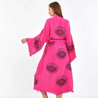 Befera Design Müslin Kimono %100 Pamuklu Göz Desenli Bornoz Kaftan Sabahlık