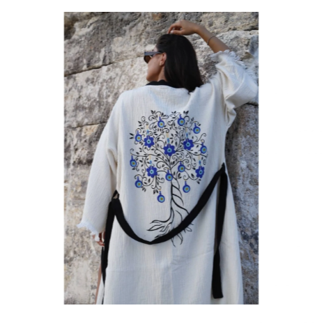 Befera Design Müslin Kimono %100 Pamuklu Nazar Boncuk Baskılı Desenli Bornoz Kaftan Sabahlık
