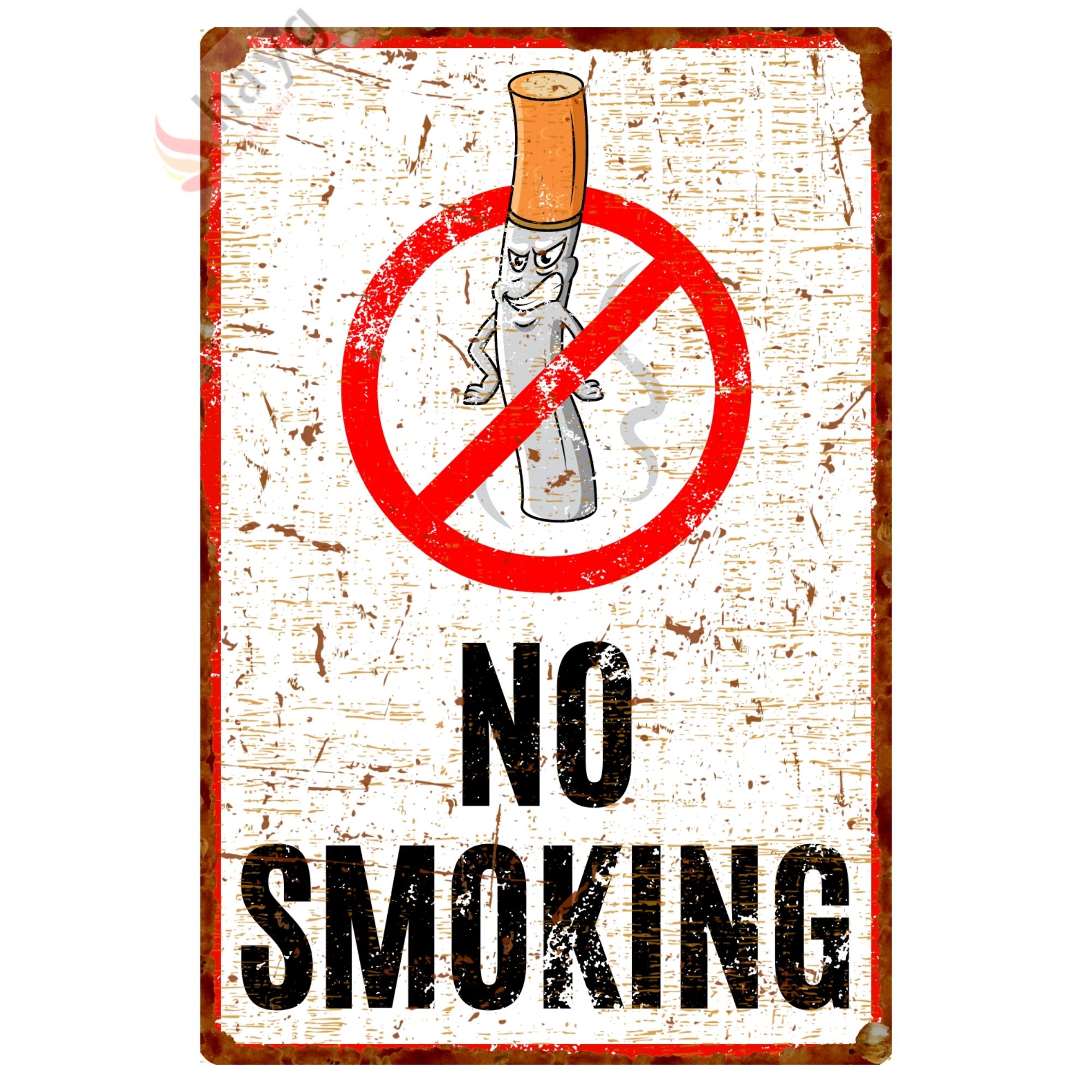 Sinsi Gülüş Karikatürlü No Smoking, Pas Görünümlü Sigara içmek Yasaktır Metal Tabela 20cm x 30cm görsel 3