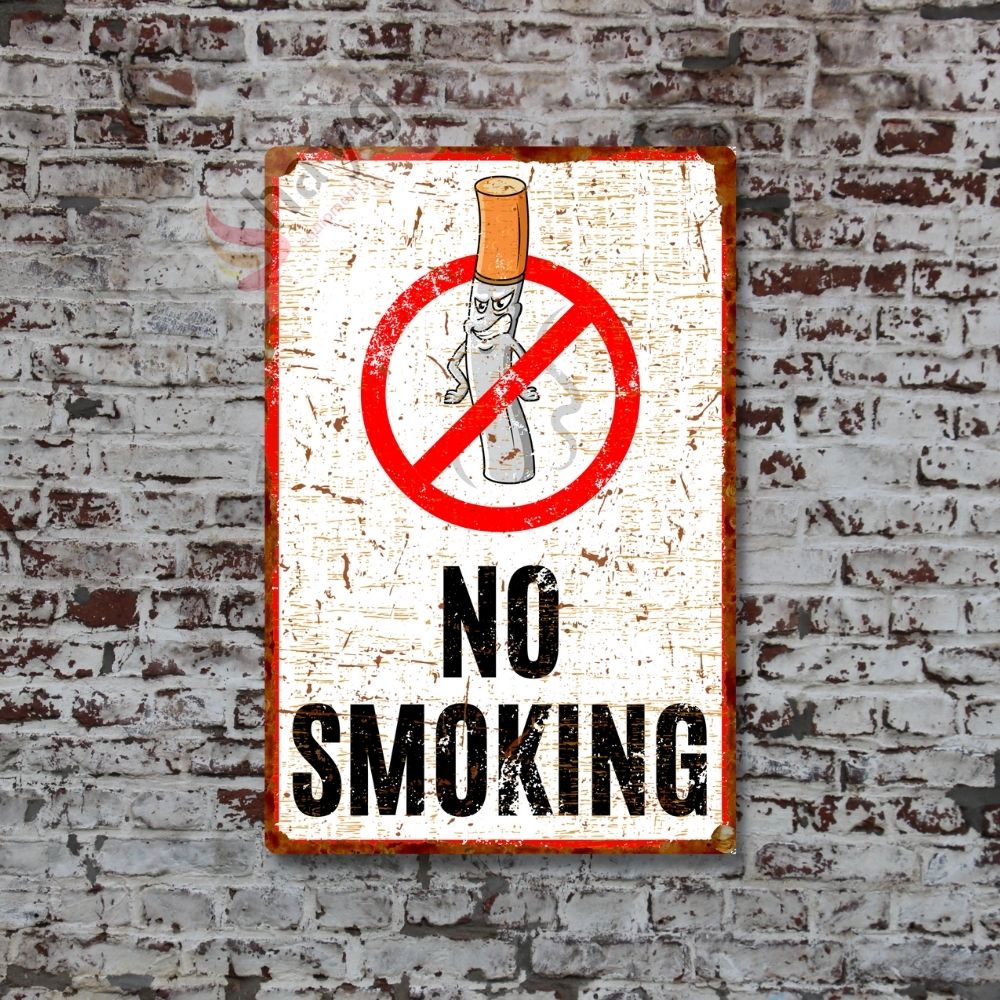 Sinsi Gülüş Karikatürlü No Smoking, Pas Görünümlü Sigara içmek Yasaktır Metal Tabela 20cm x 30cm görsel 5