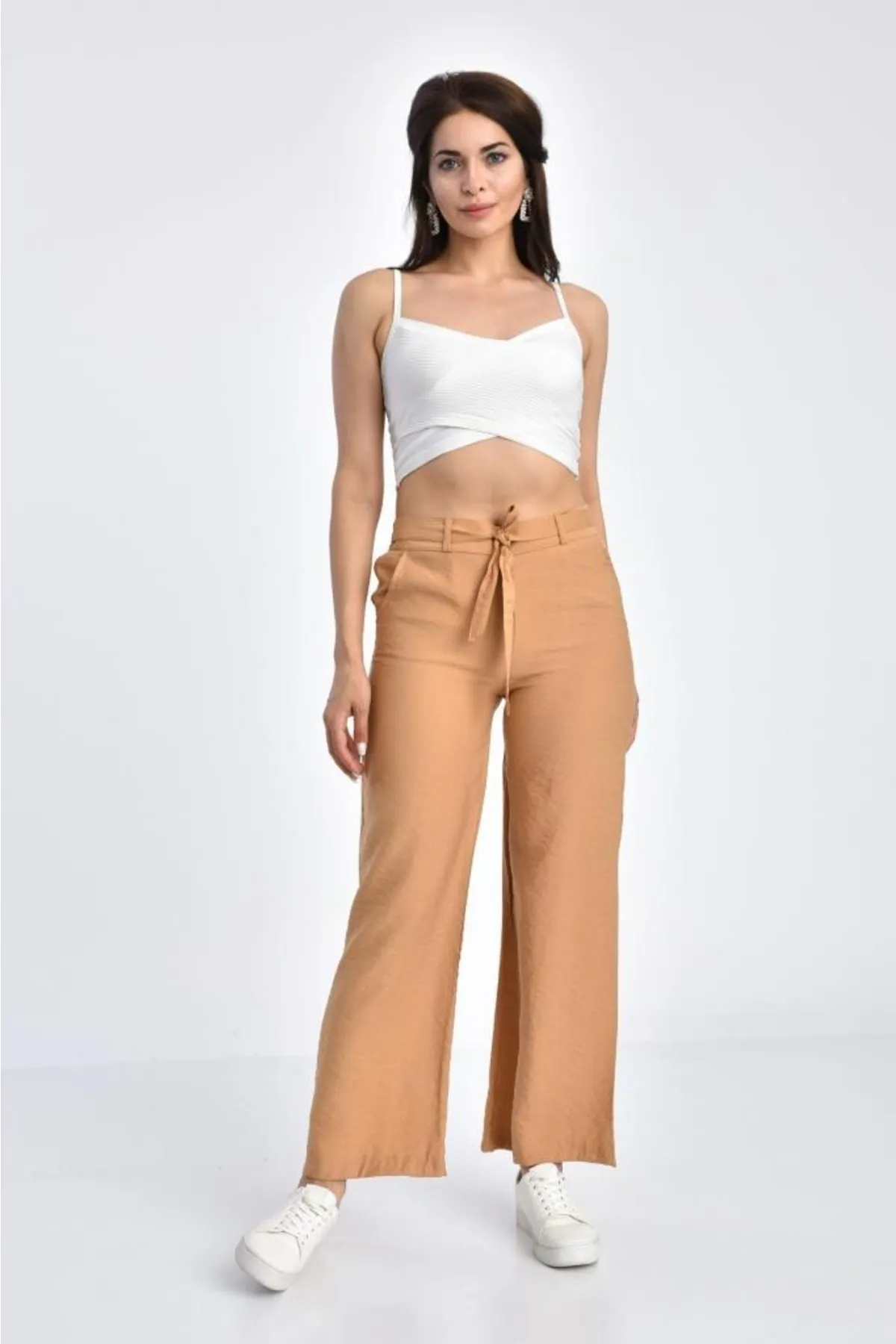Modkofoni Belden Lastikli Kuşaklı Bol Paça Camel Keten Kadın Pantolon görsel 3