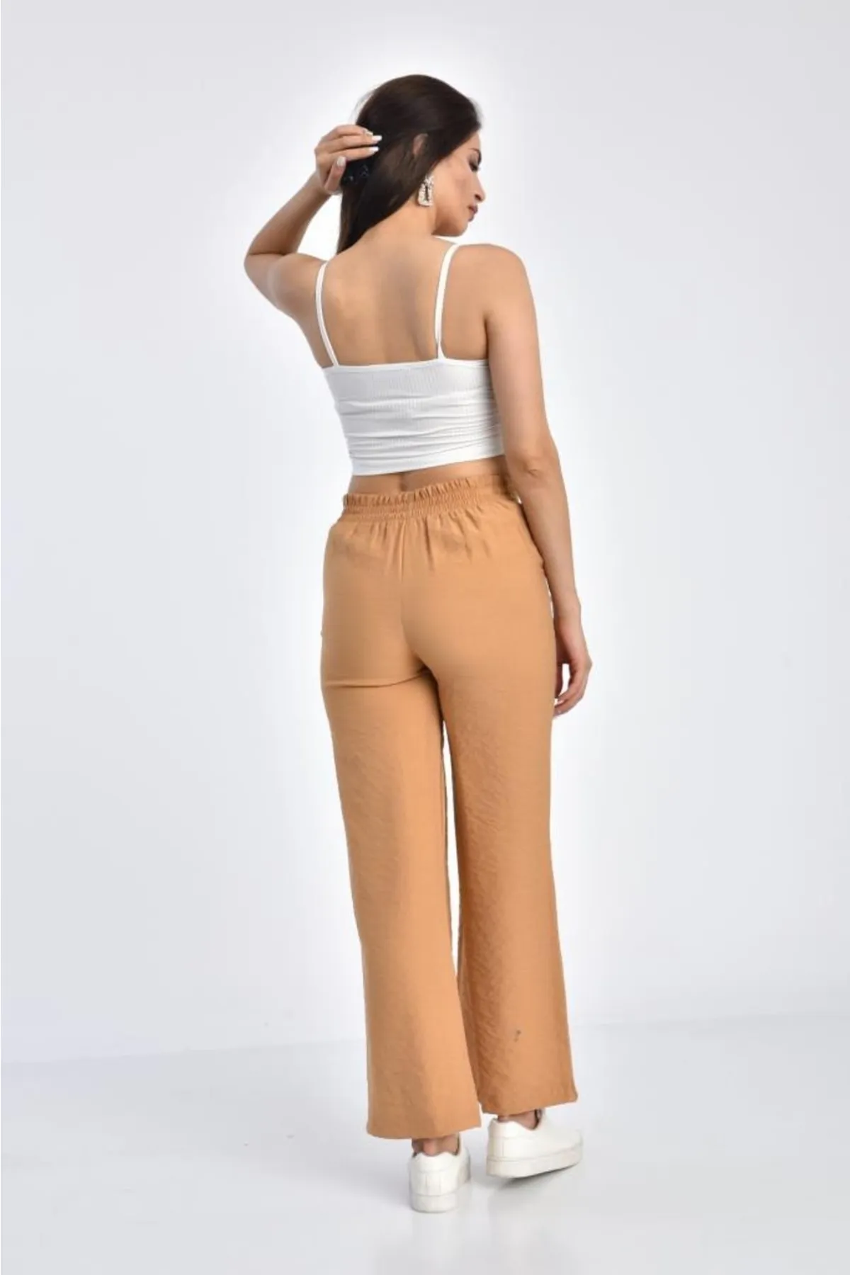 Modkofoni Belden Lastikli Kuşaklı Bol Paça Camel Keten Kadın Pantolon görsel 4