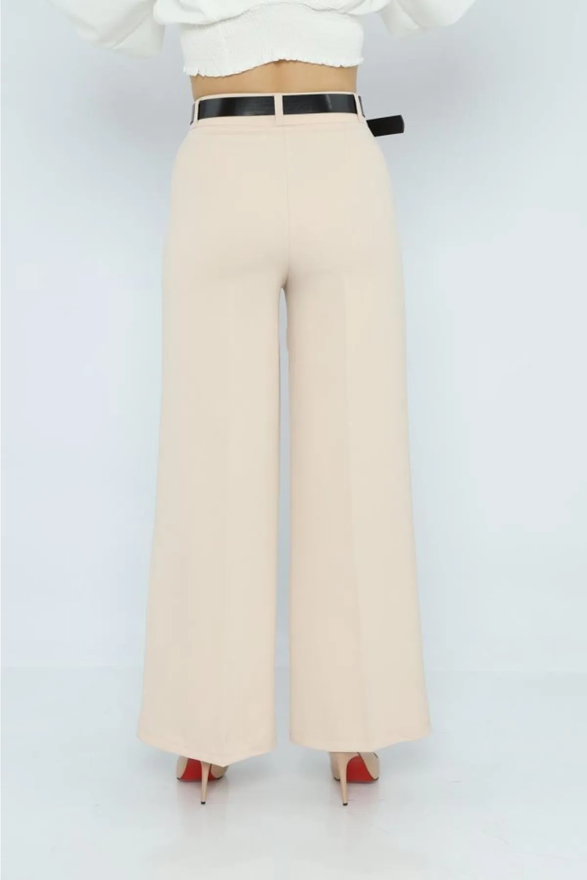 Modkofoni Geniş Paça Kemerli Taş Kadın Pantolon görsel 5