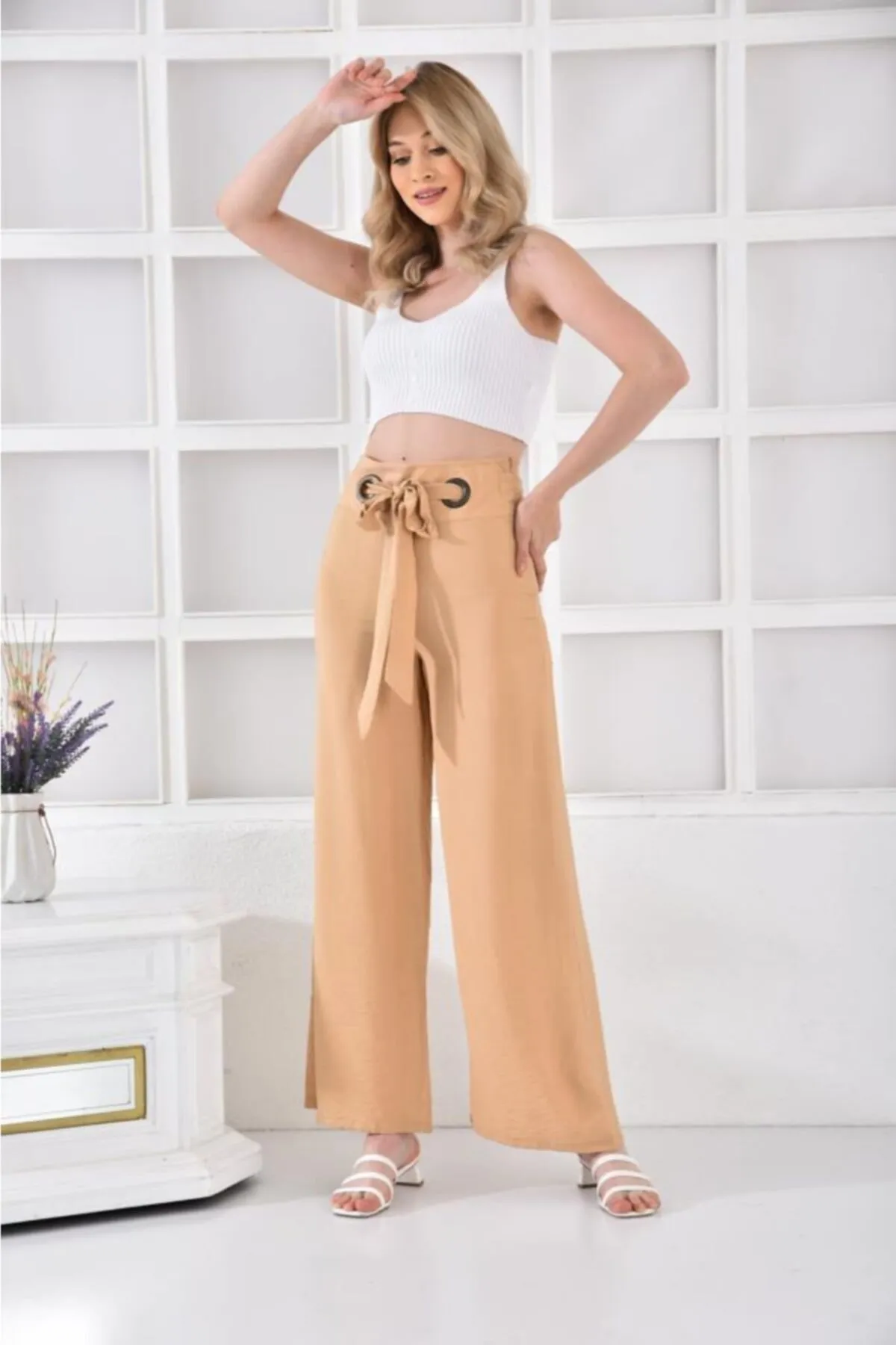 Modkofoni Halkalı Bol Paça Bağcıklı Camel Keten Kadın Pantolon görsel 3