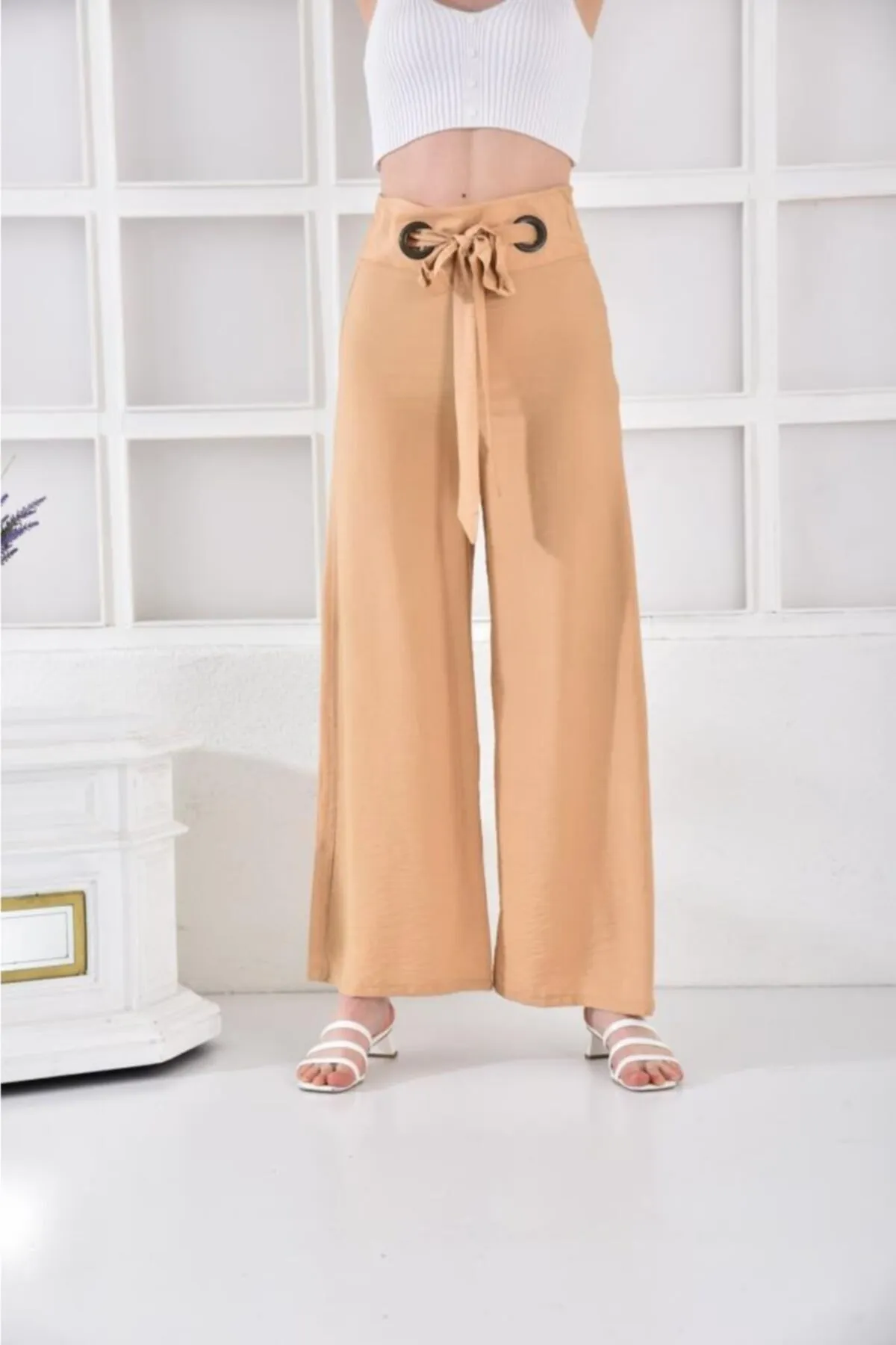 Modkofoni Halkalı Bol Paça Bağcıklı Camel Keten Kadın Pantolon görsel 4
