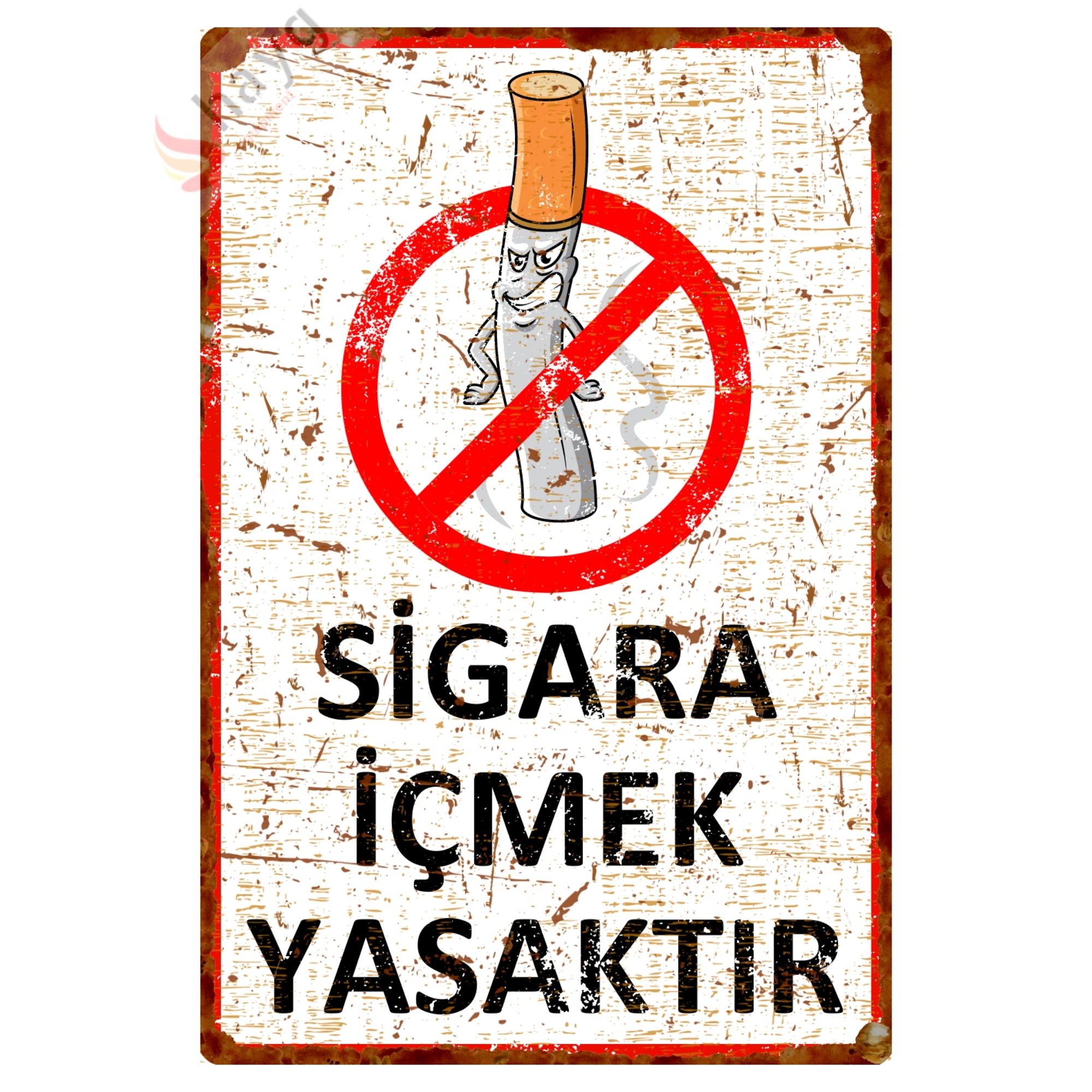 Sinsi Gülüş Karikatürlü Sigara İçmek Yasaktır, Pas Görünümlü Metal Uyarı Levhası 20cm x 30cm görsel 3