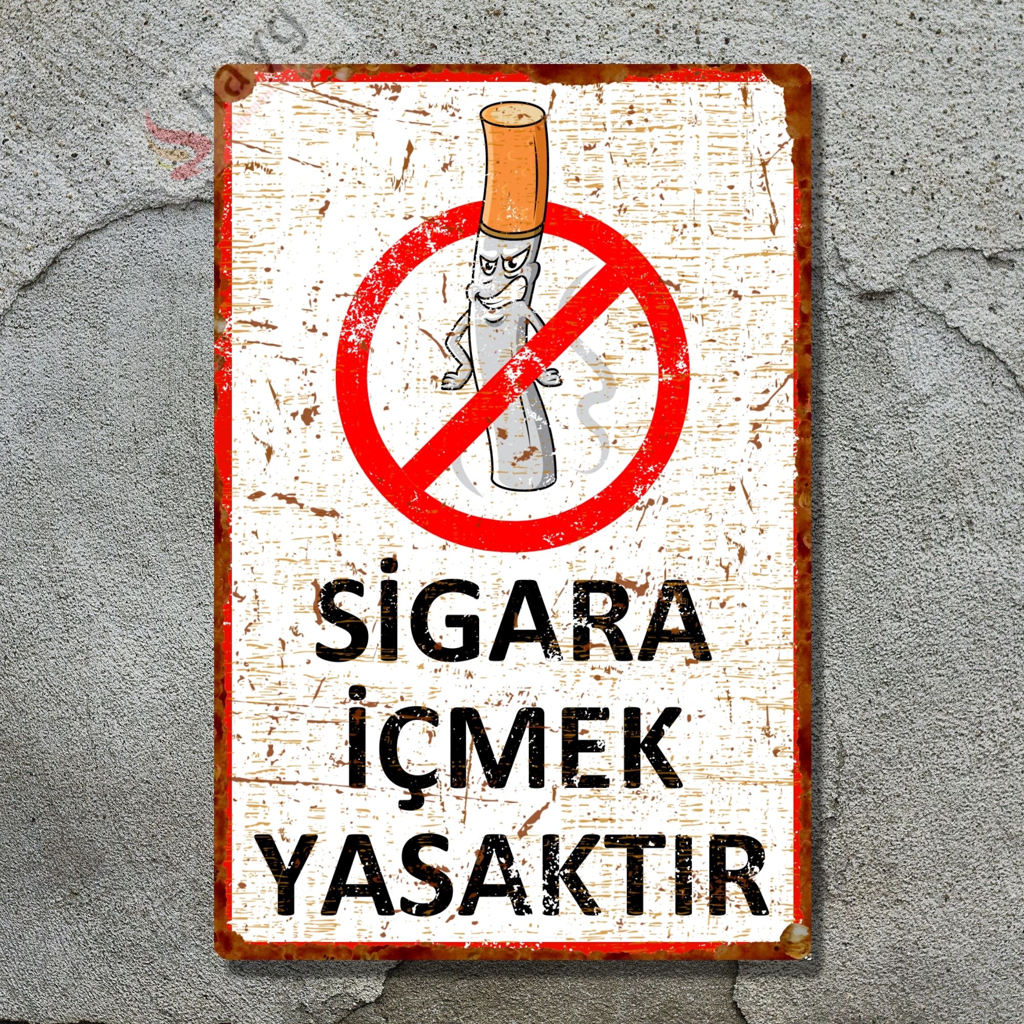 Sinsi Gülüş Karikatürlü Sigara İçmek Yasaktır, Pas Görünümlü Metal Uyarı Levhası 20cm x 30cm görsel 5