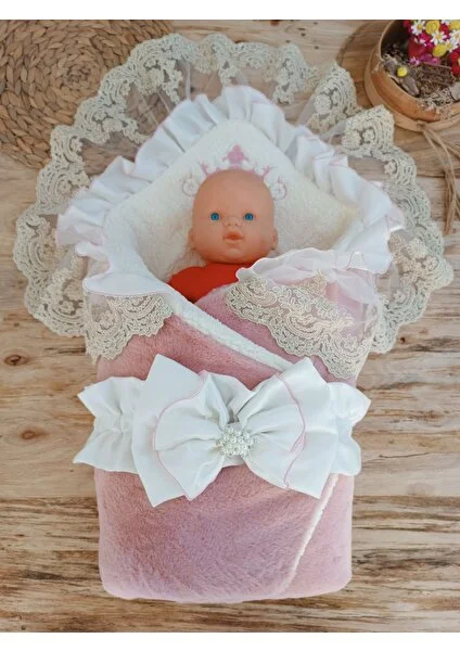 Exporanto Yenidoğan Wool Yün Kumaş Taç Nakışlı Güpür Duvaklı Fiyonk Prizma Taş Unisex Kundak Bebek Battaniyesi görsel 2