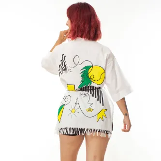 İzmir Askeri Malzeme Geleneksel Tahta Baskı Keten Dokuma Beyaz Renk Popart Desenli Uzun Kollu Kimono Plaj Elbisesi Gömlek