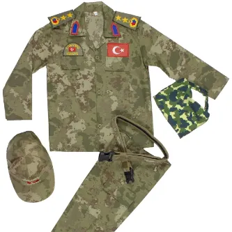 İzmir Askeri Malzeme Kara Kuvvetleri Yeni Kamuflaj Renkli Uzun Kollu Yarbay Komando Fularlı Çocuk Kostüm Takımı
