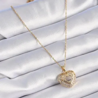 BUTİK AYVİTRİN 316L Çelik Gold Renk Zirkon Taşlı Kalp Model Vintage Kadın Kolye