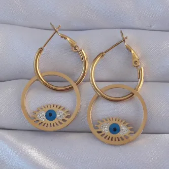BUTİK AYVİTRİN 316L Çelik Gold Renk Zirkon Taşlı Mavi Göz Tasarımlı Halka Küpe