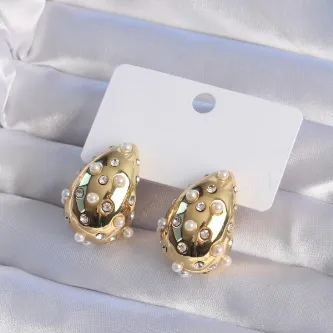 BUTİK AYVİTRİN 316L Çelik Gold Renk Zirkon Taşlı İncili Su Damlası Küpe